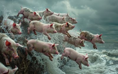 Illustration of pigs leaping into the water to illustrate the article 
