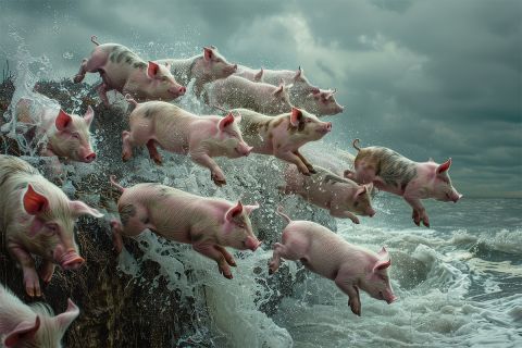 Illustration of pigs leaping into the water to illustrate the article 