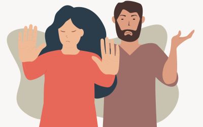 Graphic of woman and man in first-century clothing signaling stop and displeasure. To illustrate the article Jesus Rejected at Nazareth.
