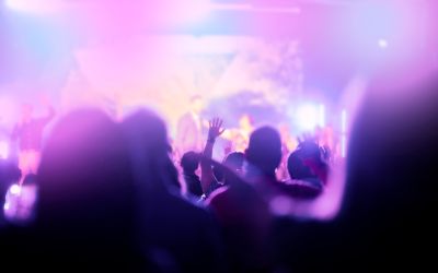 Colorful fuzzy photo of a modern evangelical worship service to illustrate the article 
