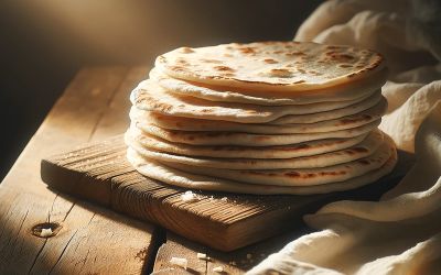 Photo of a stack of round flat bread on a wooden table to illustrate the article “I Am the Bread of Life.”