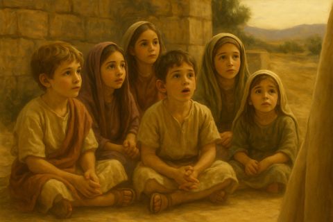 Jesus the Teacher: How Did Jesus Teach? Graphic of little children in first century clothing listening