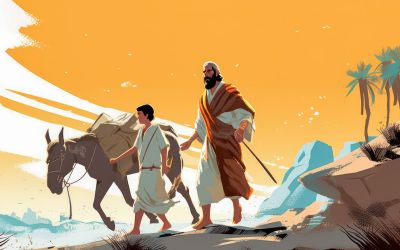 Artist's conception of Isaac with Abraham and a donkey based on Genesis 22, to illustrate the article Who Is Isaac in the Bible?
